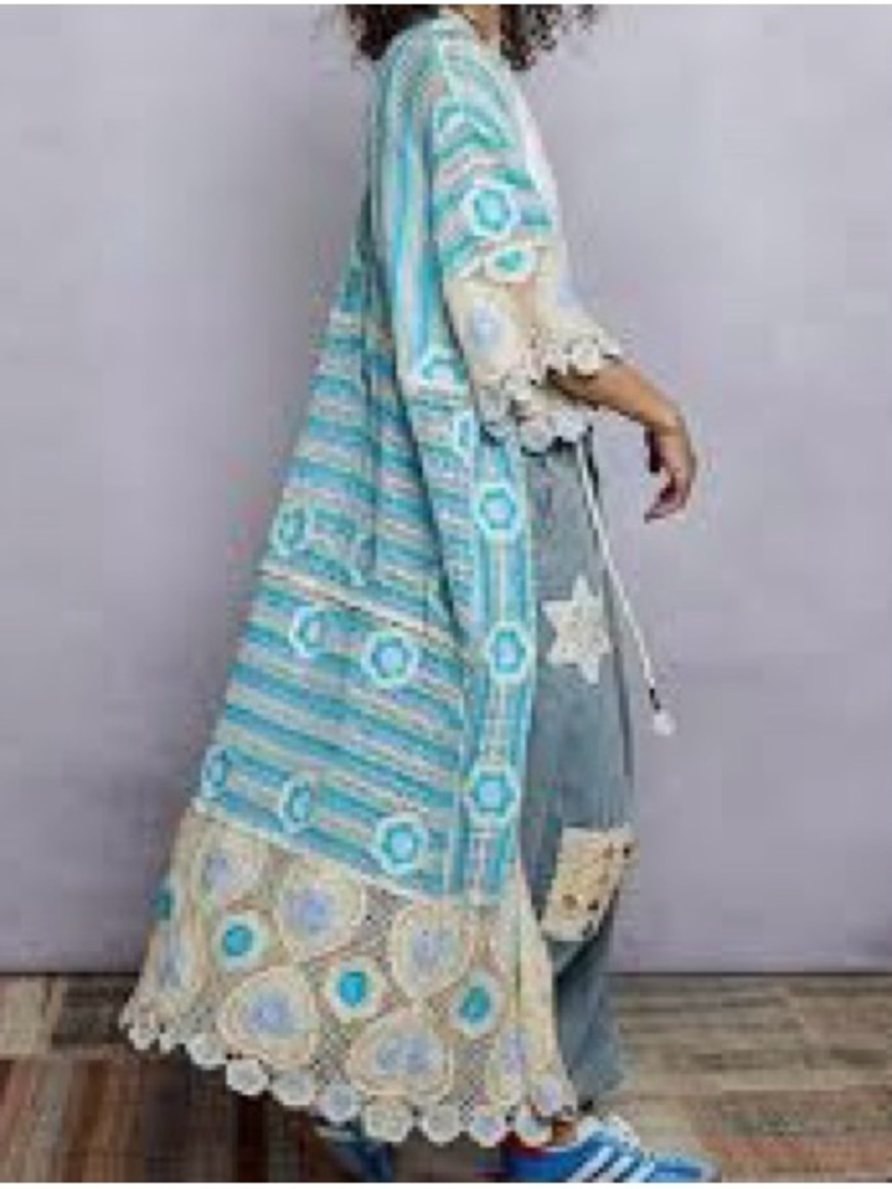 POL Patchwork Crochet Floral Open Knit Kimono/Duster-NWOT-Sky-Multi-One Sz